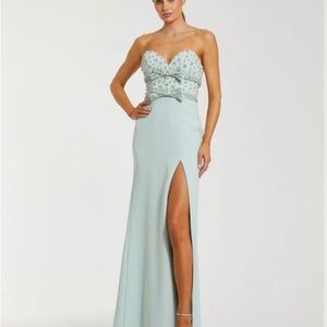 Mac Duggal Green Strapless Rhinestone Bodice Crepe Gown